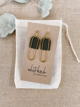 Load image into Gallery viewer, Dark Green Leather &amp; Brass Oval Accent Earrings
