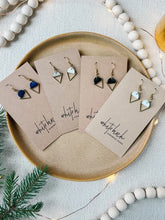 Load image into Gallery viewer, Dark Blue Leather &amp; Brass Triangle Earrings

