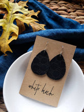 Load image into Gallery viewer, *SALE* Cut Out Black Leather Medium Teardrop With Raw Brass Hooks

