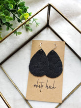 Load image into Gallery viewer, *SALE* Cut Out Black Leather Medium Teardrop With Raw Brass Hooks

