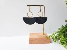 Load image into Gallery viewer, Black Leather Half Moon &amp; Brass Circle Dangle Earrings.
