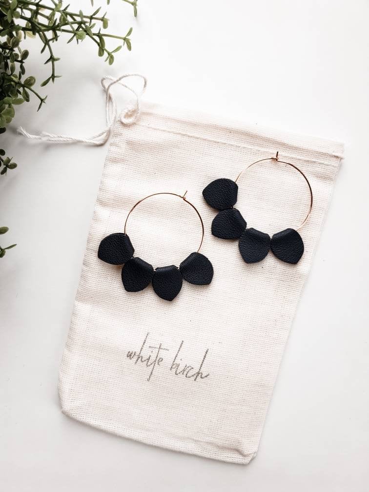 Black Leather Petal Hoop Earrings