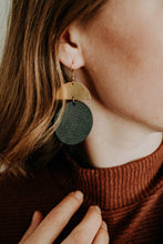 Load image into Gallery viewer, Black Leather Disc &amp; Brass Half Moon Stacked Dangle Earrings
