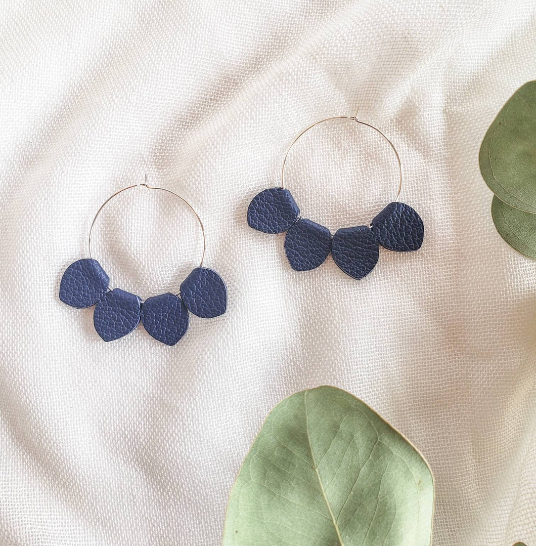 Navy Blue Leather Petal Hoop Earrings