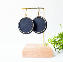 Load image into Gallery viewer, Black Leather Disc &amp; Brass Circle Earrings.
