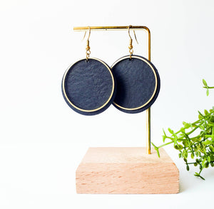 Black Leather Disc & Brass Circle Earrings.