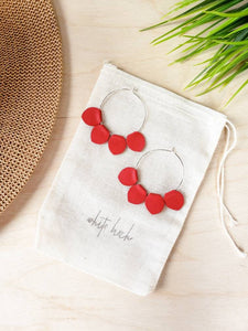 Red Leather Petal Hoop Earrings.