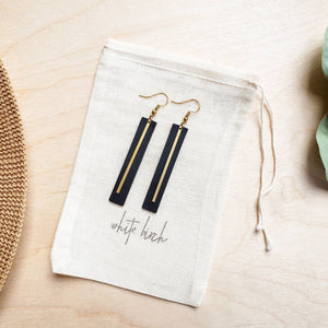 Black Leather Rectangular Bar Earrings with a Brass Bar Accent