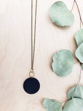 Load image into Gallery viewer, Geometric Brass Hexagon Black Leather Circle Necklace
