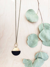 Load image into Gallery viewer, Geometric Brass Circle Black Half Moon Leather Necklace
