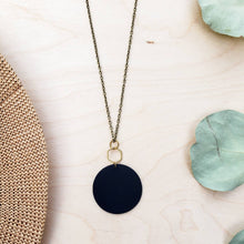 Load image into Gallery viewer, Geometric Brass Hexagon Black Leather Circle Necklace

