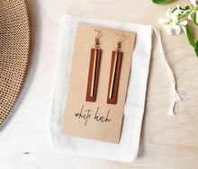 Load image into Gallery viewer, Brown Rectangular Bar Leather Earrings with Thin Brass Bar Accent
