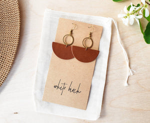 Brown Leather Half Moon & Brass Circle Dangle Earrings