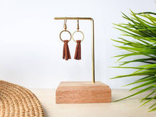 Load image into Gallery viewer, Mini Brown Leather Tassel &amp; Brass Circle Earrings
