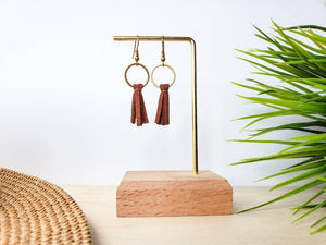 Mini Brown Leather Tassel & Brass Circle Earrings
