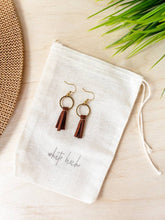 Load image into Gallery viewer, Mini Brown Leather Tassel &amp; Brass Circle Earrings
