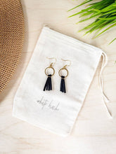 Load image into Gallery viewer, Mini Black Leather Tassel &amp; Brass Circle Earrings
