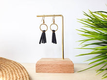 Load image into Gallery viewer, Mini Black Leather Tassel &amp; Brass Circle Earrings
