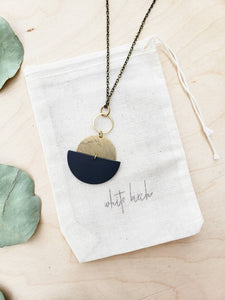 Geometric Brass and Black Leather Half Moon Necklace