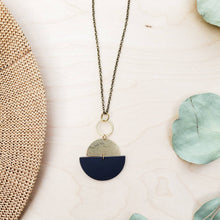 Load image into Gallery viewer, Geometric Brass and Black Leather Half Moon Necklace

