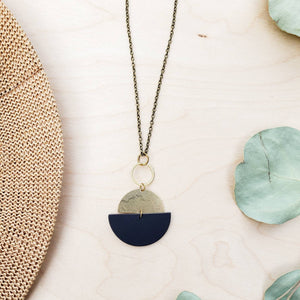 Geometric Brass and Black Leather Half Moon Necklace