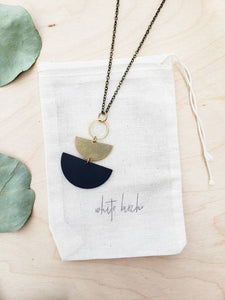 Geometric Brass Circle Black Stacked Half Moon Leather Necklace