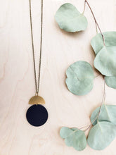 Load image into Gallery viewer, Geometric Brass Half Moon Black Leather Circle Necklace
