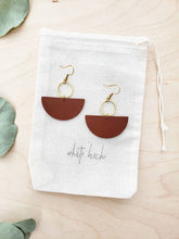 Load image into Gallery viewer, Brown Leather Half Moon &amp; Brass Circle Dangle Earrings
