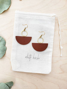 Brown Leather Half Moon & Brass Circle Dangle Earrings