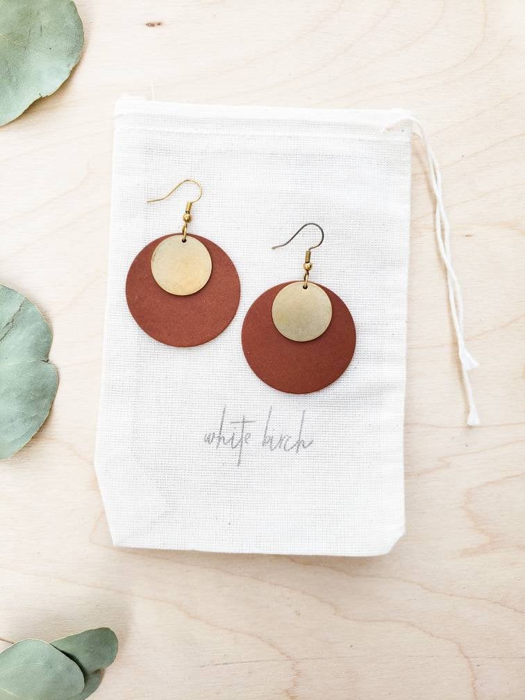 Brown Leather Disc & brass Earrings