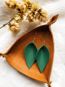 Emerald Green Leather Leaf Earrings.