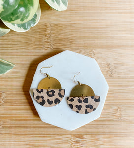 Cheetah Print Leather Half Moon & Brass Half Moon Earrings