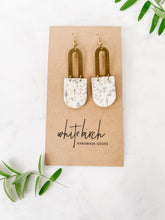 Load image into Gallery viewer, Spotted White Grey Cork Leather &amp; Brass Earrings
