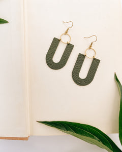 Dark Olive U-Shaped Leather & Brass Ring Earrings