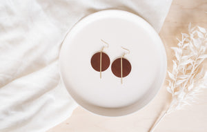 Medium Brown Leather Disc and Brass Bar Earrings