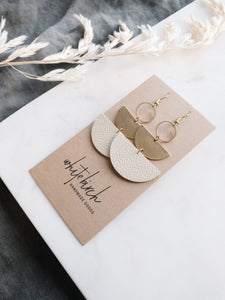 Beige Leather and Brass Half Moon Stacked Earrings