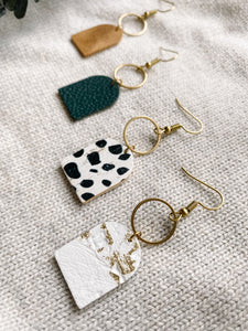 White and Gold Fleck Leather with Brass Circle Earrings