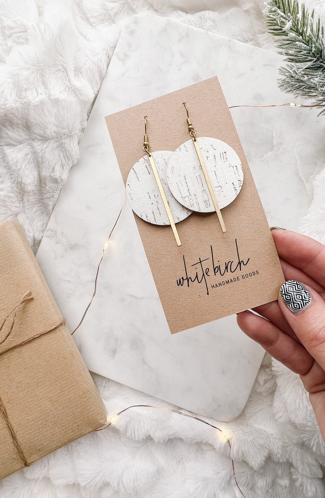 White Birch Cork Leather Disc and Brass Bar Earrings