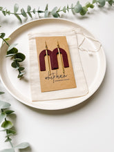 Load image into Gallery viewer, Burgundy Leather Arch &amp; Brass Bar Geometric Earrings
