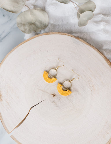 Mustard Yellow Leather & Brass Ring Geometric Earrings