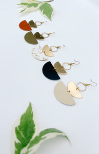 Army Green Leather & Brass Stacked Half Moon Dangle Earrings