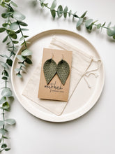 Load image into Gallery viewer, Olive Green Textured Suede Leather Leaf Earrings
