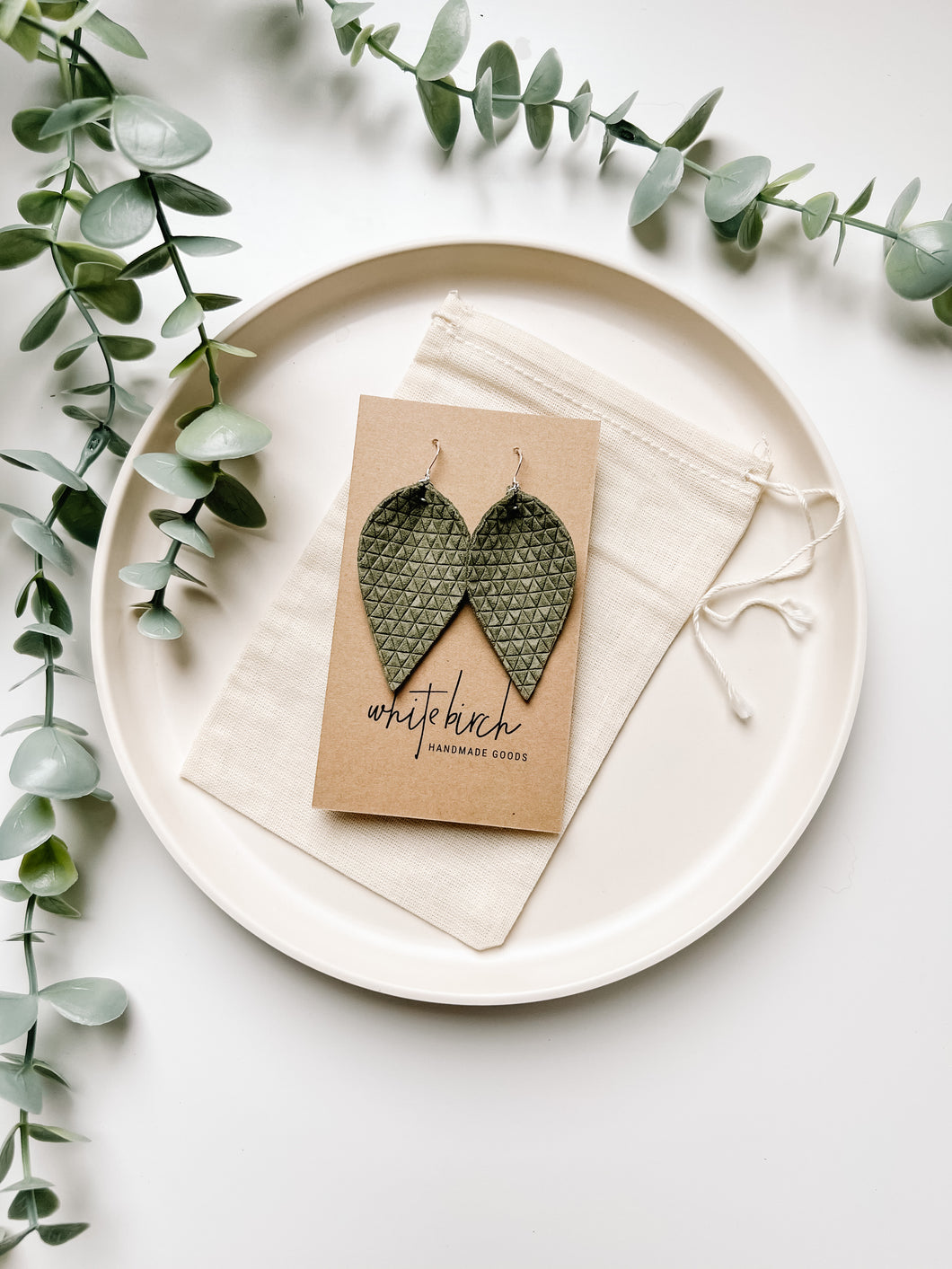 Olive Green Textured Suede Leather Leaf Earrings