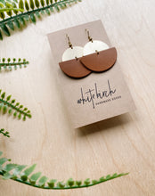 Load image into Gallery viewer, Brown Leather Half Moon &amp; Brass Half Moon Dangle Earrings.
