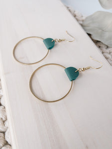 Green Leather & Brass Circle Earrings