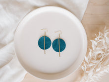 Load image into Gallery viewer, Ocean Blue Teal Leather Disc and Brass Bar Earrings
