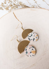Load image into Gallery viewer, Terrazzo Cork Leather Small Circle &amp; Brass Half Circle Stacked Earrings

