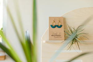 Ocean Teal Blue Leather and Brass Ring Earrings