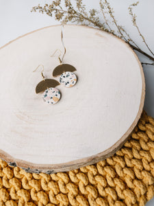 Terrazzo Cork Leather Small Circle & Brass Half Circle Stacked Earrings