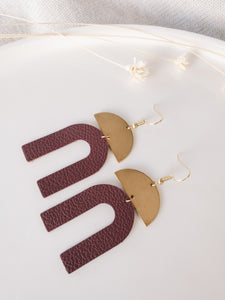 Burgundy Leather Arch & Brass Half Moon Geometric Earrings